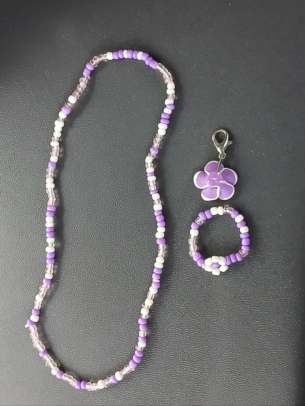 3 Piece Purple Beaded Necklace, Ring and Charm Set